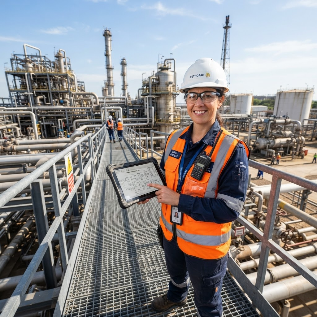 Engineer in a hard hat and safety vest holding a tablet at an oil and gas refinery