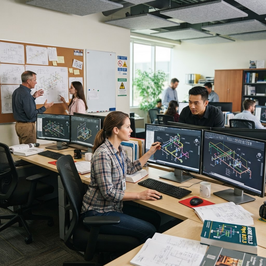 Engineers at CAD workstations designing piping isometrics in the Intuition to Industry design office