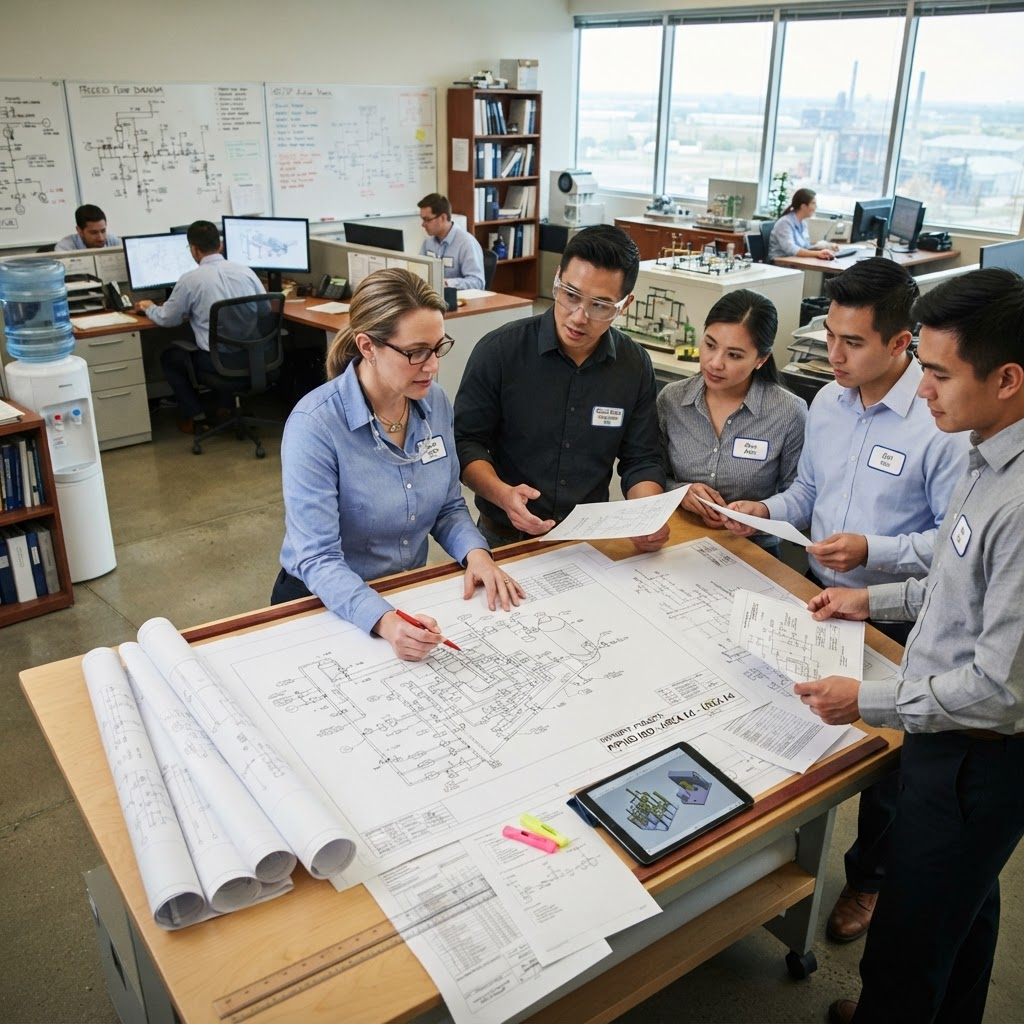 Engineering team reviewing pipeline layout drawings around a table